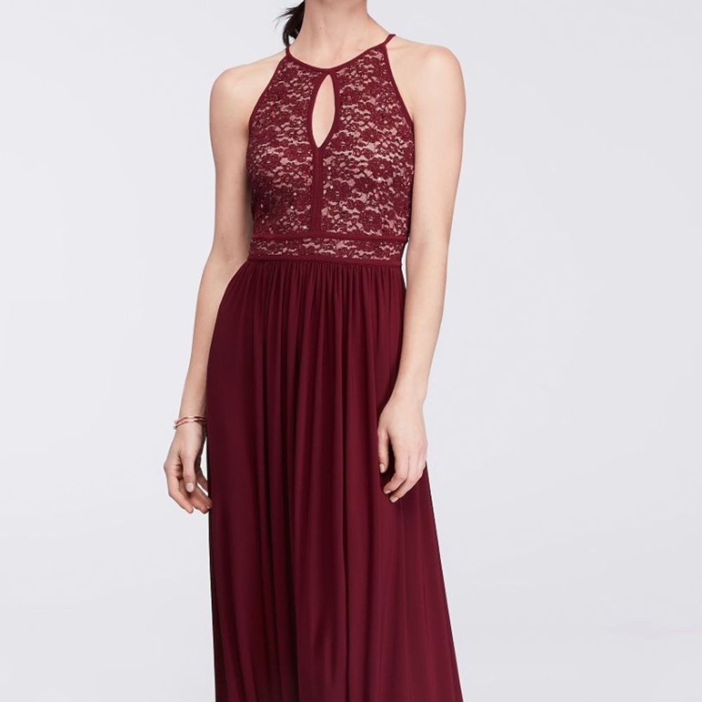 Maroon Lace Keyhole Tie Back Halter Dress